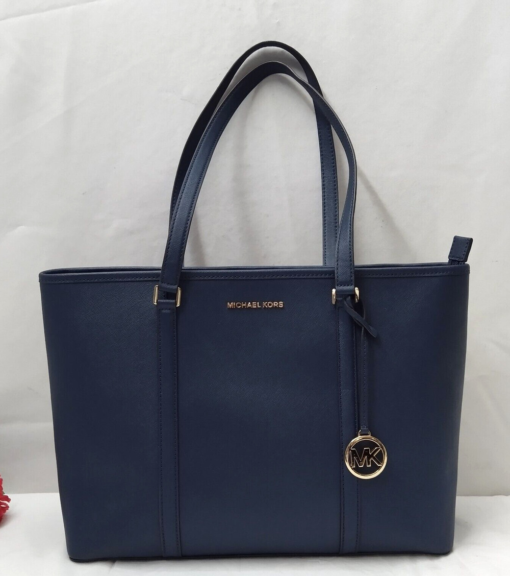 Michael Kors Navy Blue Leather Double Handles Zipper Closure Tote Shoulder Bag